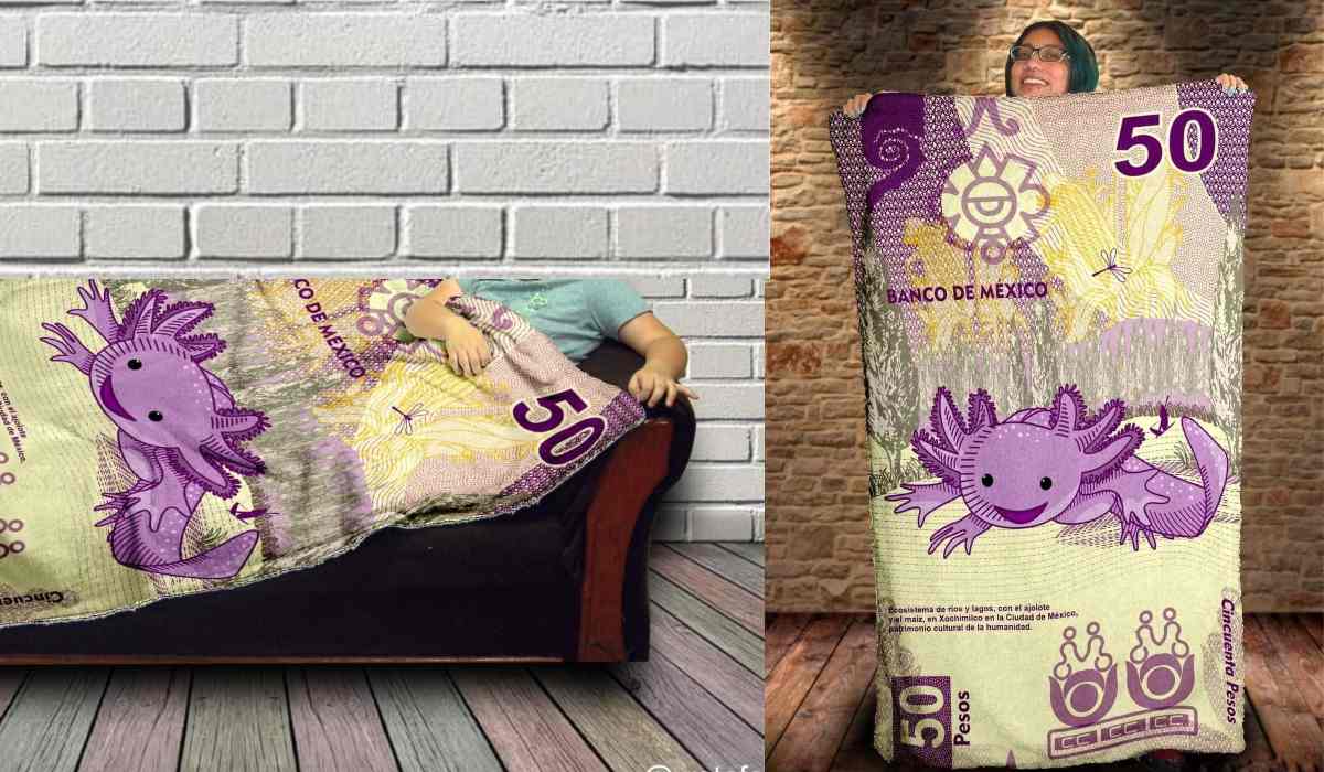 Venden cobija del nuevo billete de $50 pesos con la imagen del ajolote