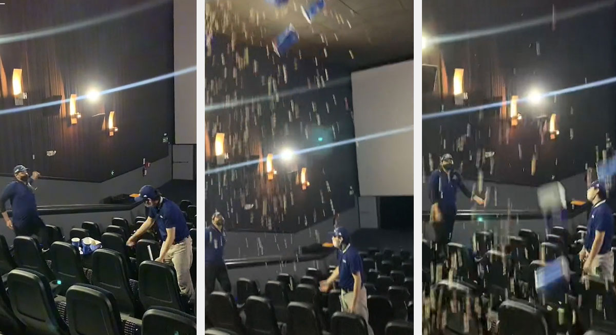 ¡Chale! Empleado de Cinépolis termina de barrer, compañero patea caja de palomitas