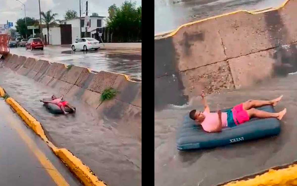 ¡Al mal tiempo buena cara! Improvisan tobogán tras inundaciones en México