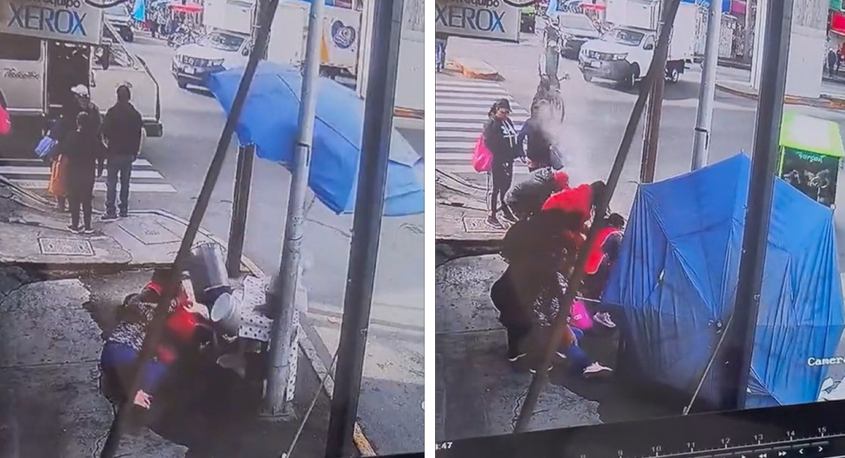 ¡Epa! Señora tropieza y tira puesto de tamales