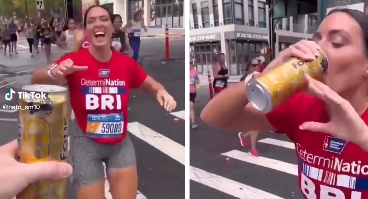 ¡Pues salud! Mujer se hidrata con Four Loko en plena carrera