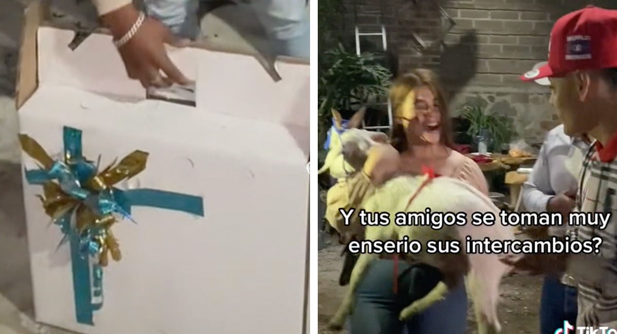¡Qué detalle! Jóvenes se regalan un gallo y un chivo en intercambio navideñoe